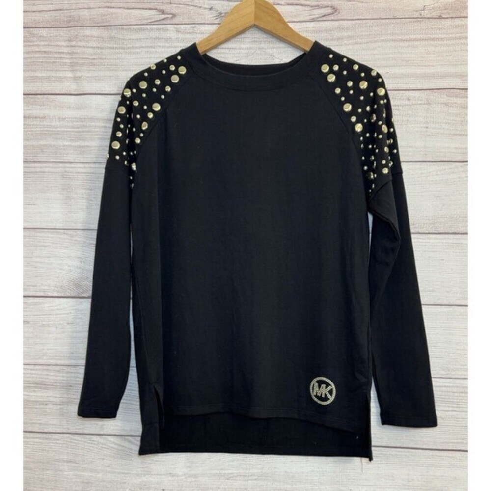 Michael Kors BLACK Ribbed Gold Stud Crew Neck Sweater Size SMALL NWT